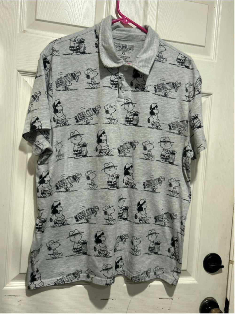 Men's Peanuts Golf Polo Shirt XL Grey Black Graphic Print